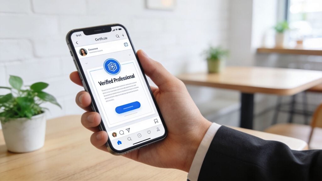 A professional hand holding a smartphone displaying a Verified Professional digital certificate on a social media app.