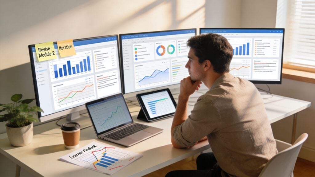 An instructional designer working at a desk with multiple computer screens analyzing data and performance charts.