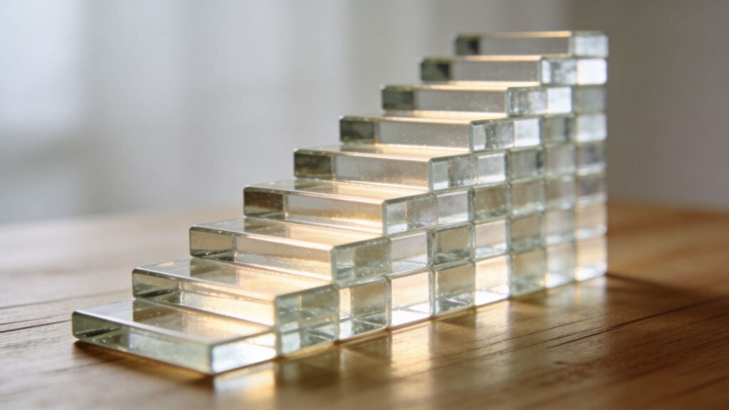 A close-up of a glass block staircase structure on a wooden table, symbolizing growth and success.