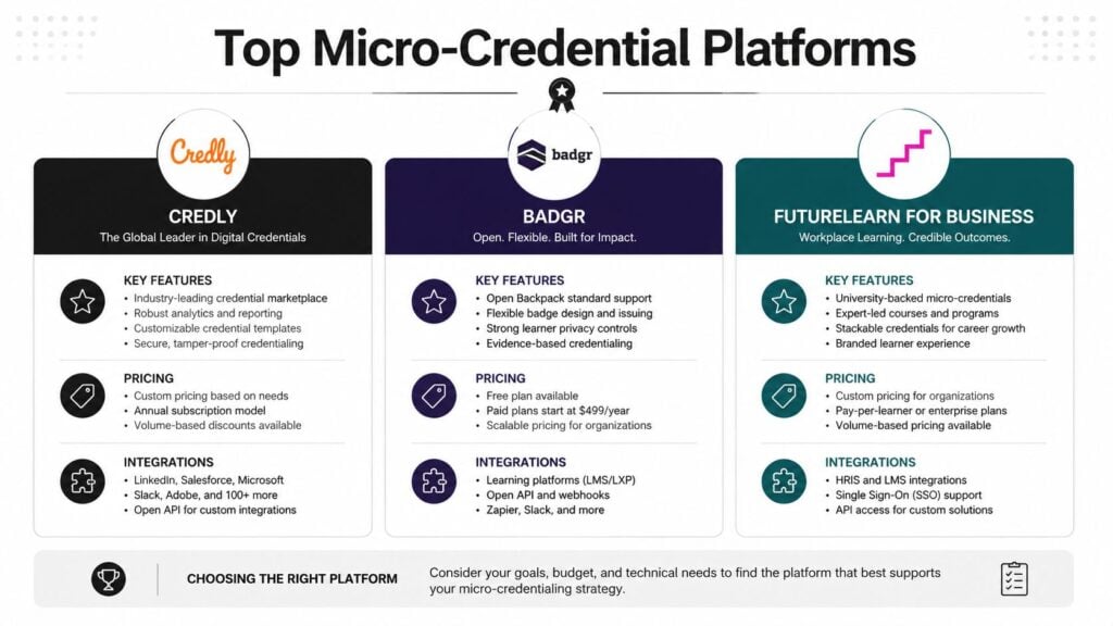 A comparison chart highlighting key features, pricing, and integrations for top micro-credential platforms including Credly, Badgr, and FutureLearn.