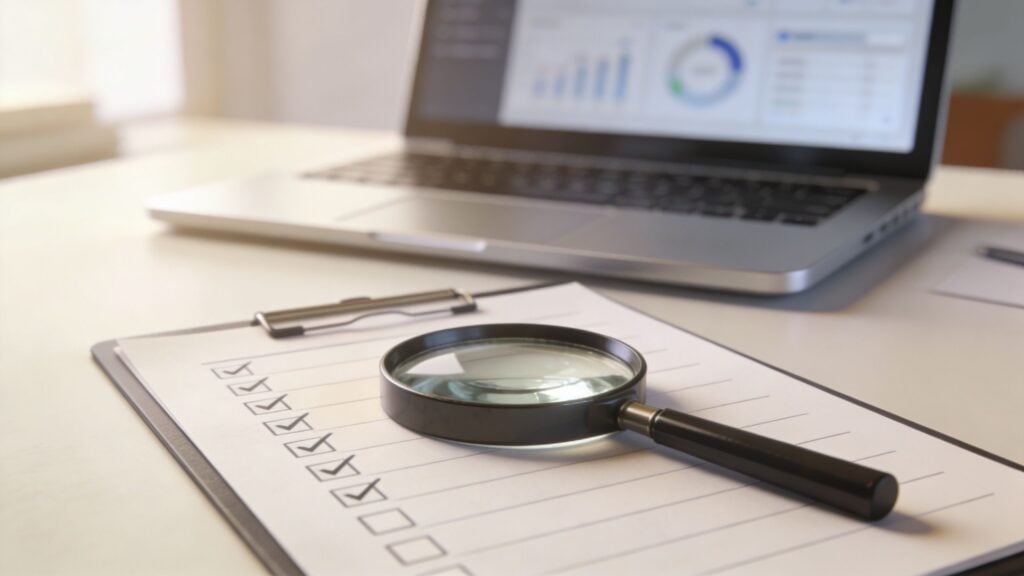 A magnifying glass resting on a checklist next to a laptop displaying digital analytics charts.