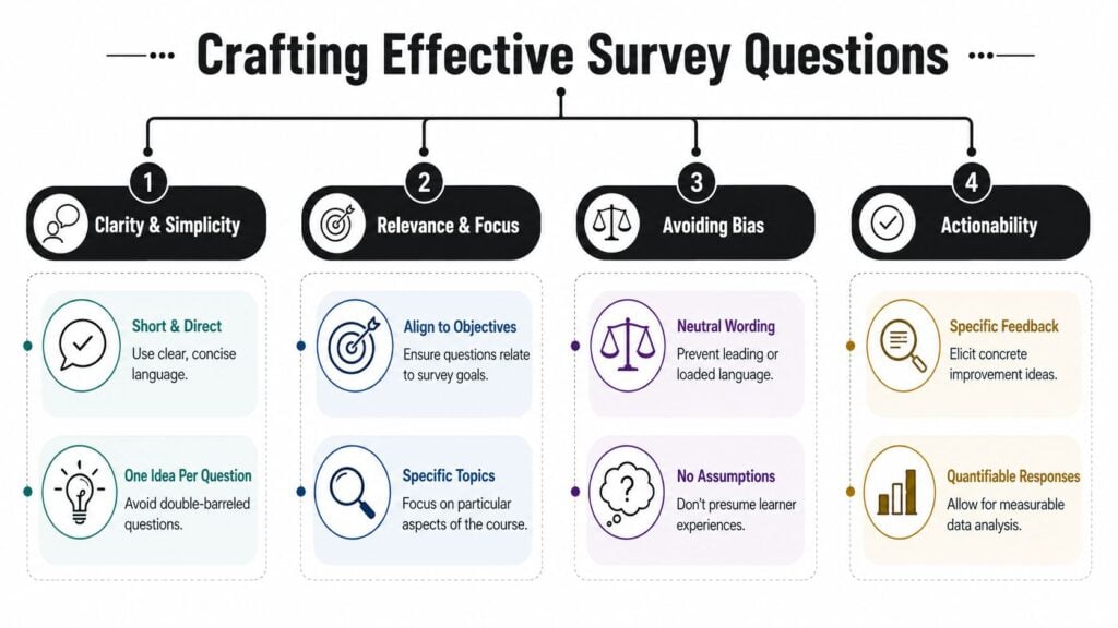 An infographic titled Crafting Effective Survey Questions outlining four key principles for creating impactful learner surveys.