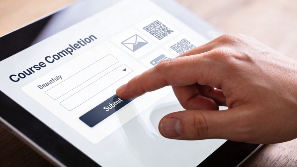 A close-up view of a person using a tablet to submit a course completion survey form online.
