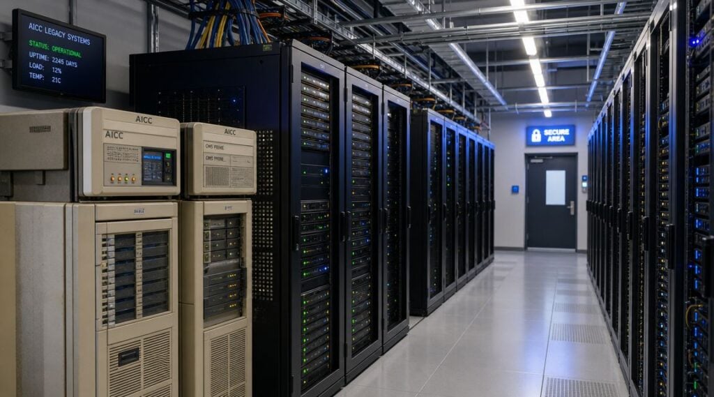 A modern data center featuring rows of server racks, legacy computer systems, and a secure area door.