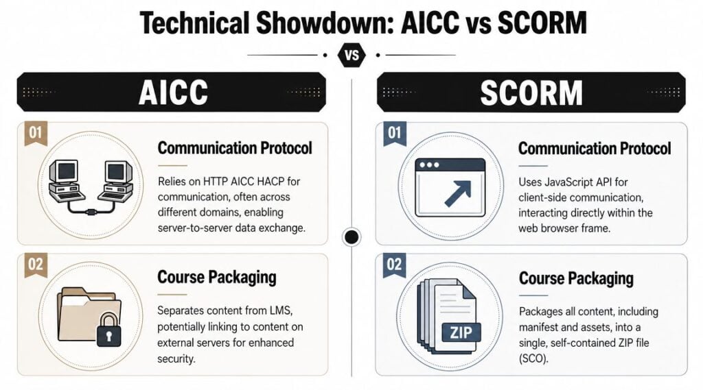 A comparison chart outlining the technical differences between AICC and SCORM communication protocols and course packaging methods.