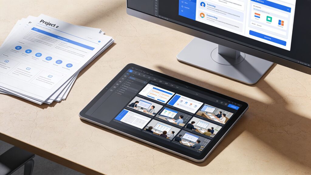 A workspace with a tablet displaying multiple video conference screens alongside printed documents and a monitor.