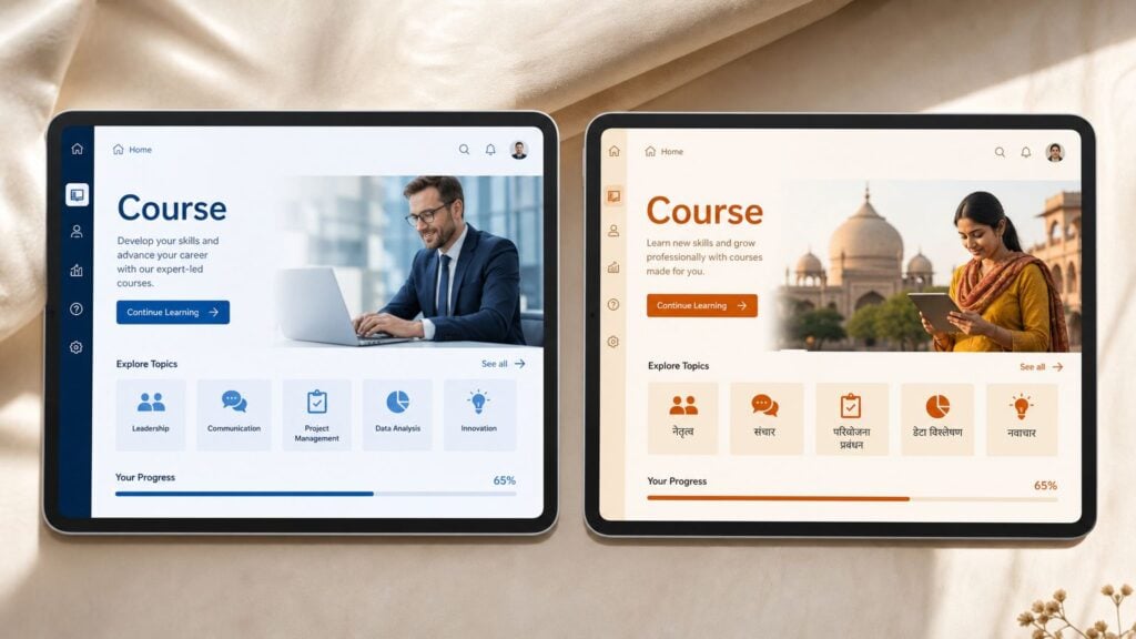 Two tablets showing the same e-learning dashboard interface, one in English and one in Hindi.