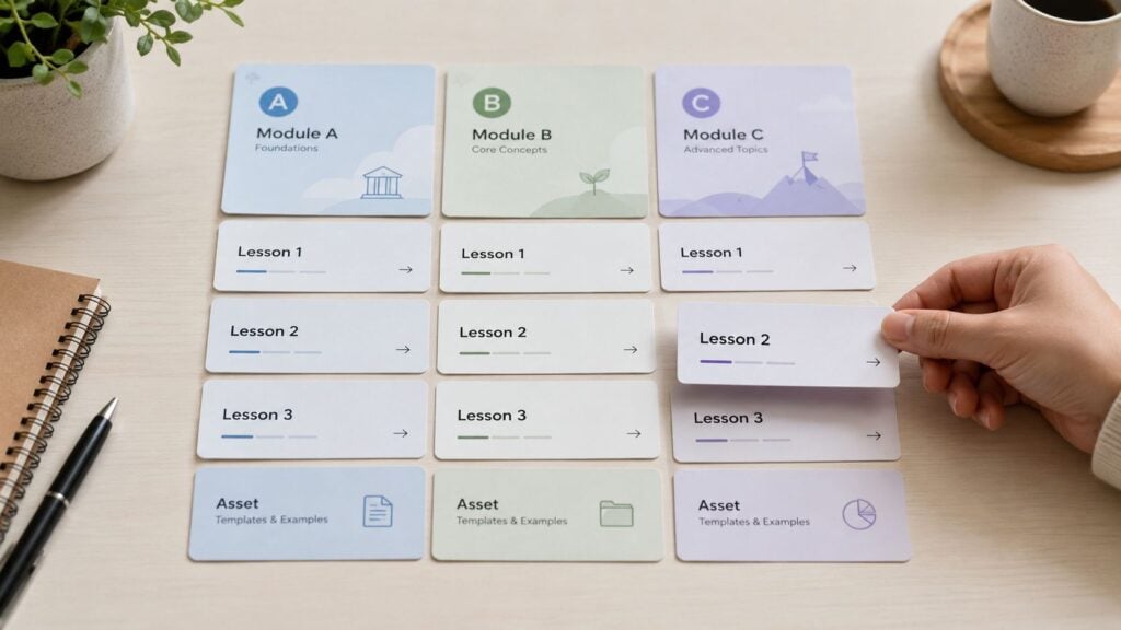 An organized desk with three modules of educational cards representing a structured elearning course curriculum layout.