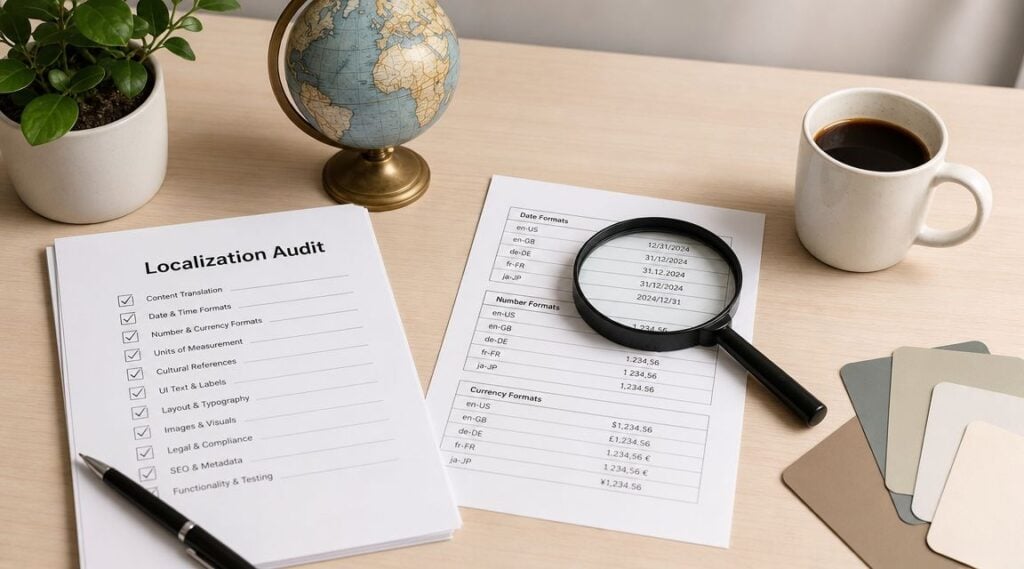 A localization audit checklist and formatting guide on a desk with a globe, coffee, and pen.