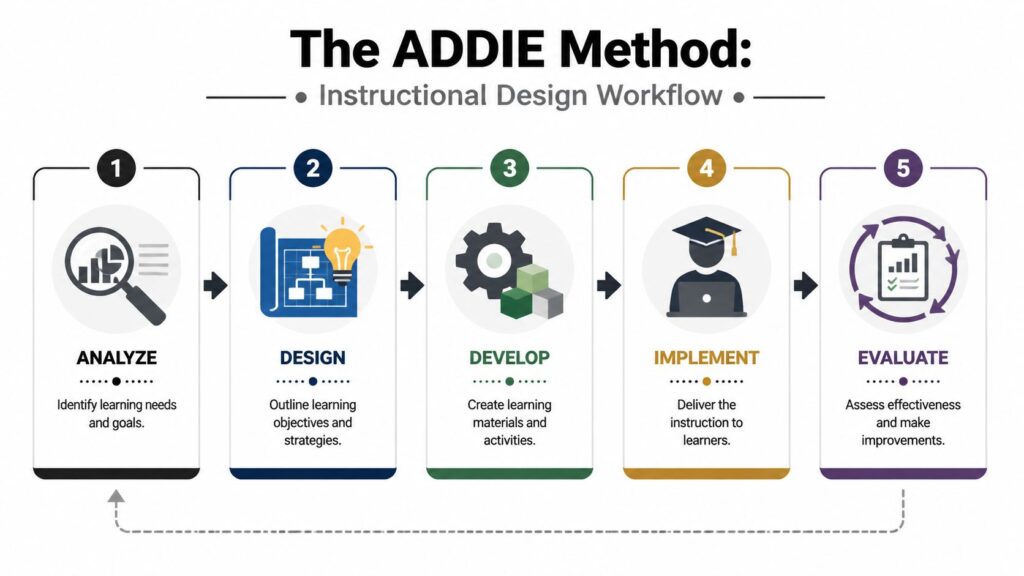 A diagram illustrating the five stages of the ADDIE instructional design workflow: Analyze, Design, Develop, Implement, Evaluate.