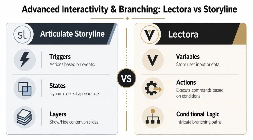 A comparison chart highlighting the core interactivity features of Articulate Storyline versus Lectora authoring tools.