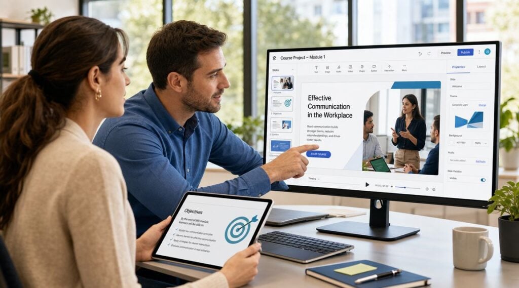 Two professional colleagues collaborating on an interactive e-learning course project using computer software and a tablet.