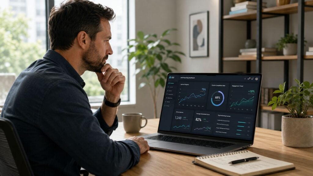A professional man sitting at a wooden desk viewing LMS reporting dashboard analytics on a laptop computer.