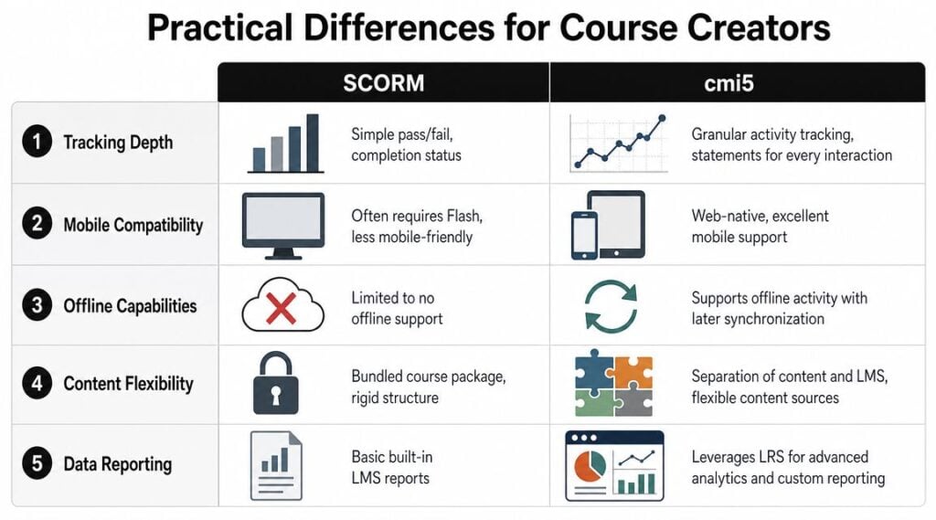 A comparison table contrasting SCORM and cmi5 standards regarding tracking, mobile compatibility, offline use, flexibility, and reporting.