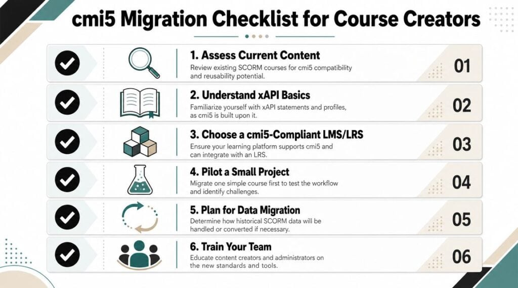 A checklist of six steps for course creators to migrate existing content to the cmi5 standard.