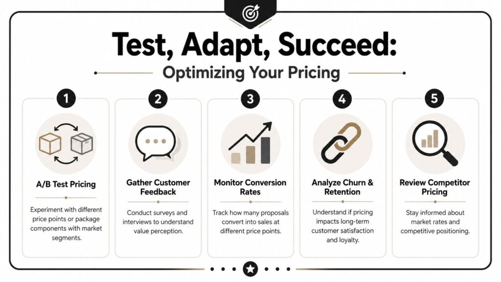 An infographic titled Test, Adapt, Succeed outlining five essential steps for optimizing pricing strategies for businesses.