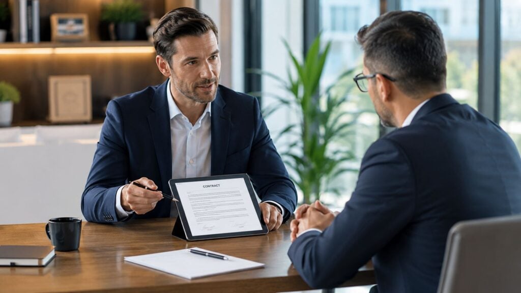 A professional man explaining a digital contract to a client during a business meeting in an office.