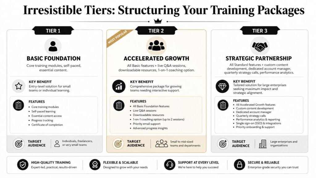 A comparison chart showing three tiers of B2B online training program pricing and package structures.