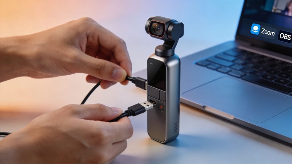 A person connecting a handheld gimbal camera to a laptop via a USB cable for streaming.