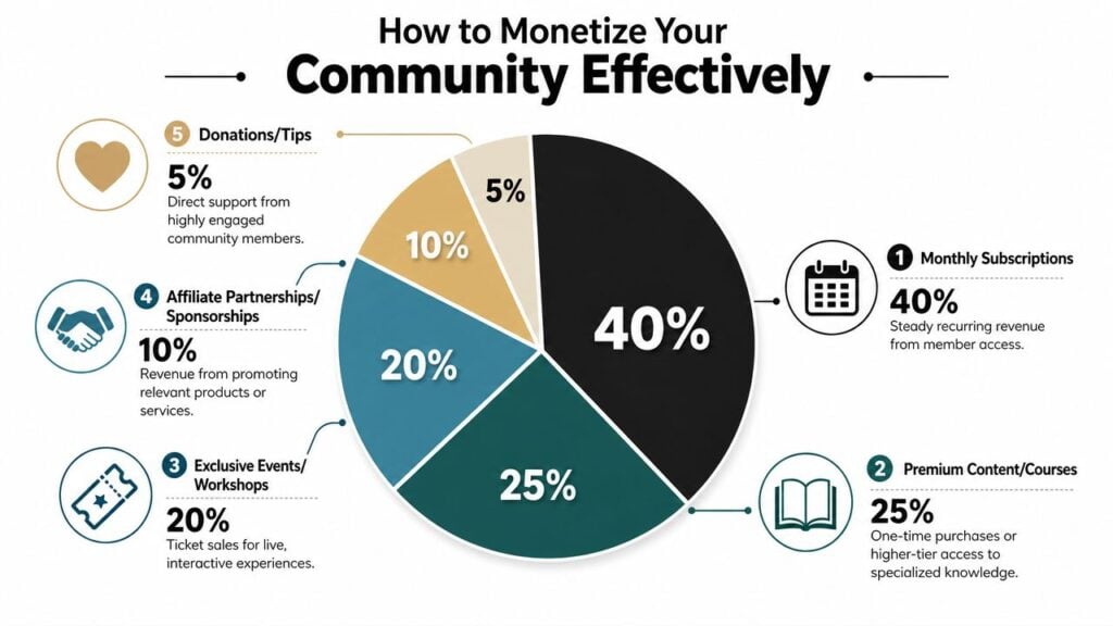 A pie chart infographic detailing five effective strategies for monetizing online community platforms through various revenue streams.