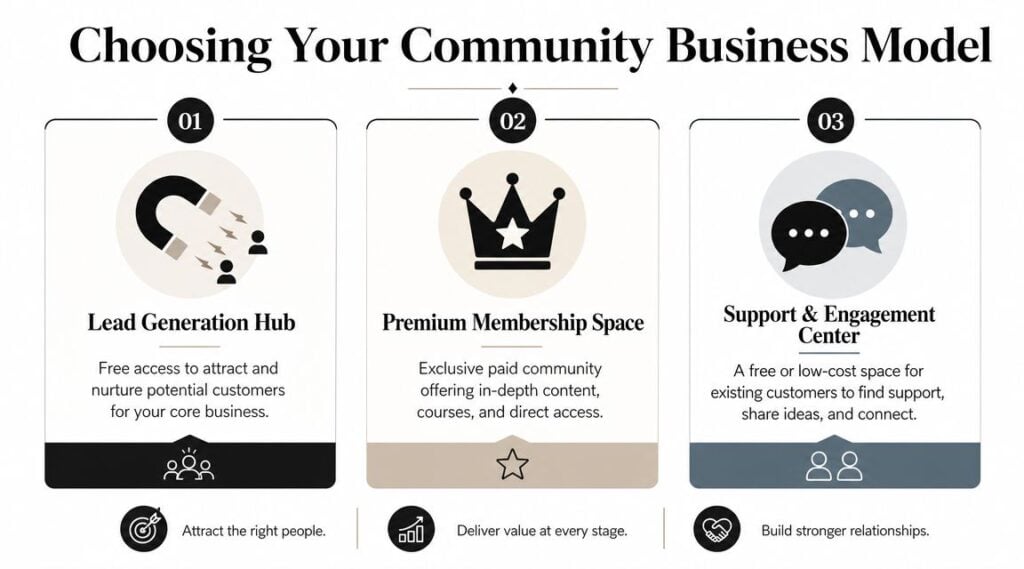 A visual guide illustrating three different business models for creators to build an online community platform.