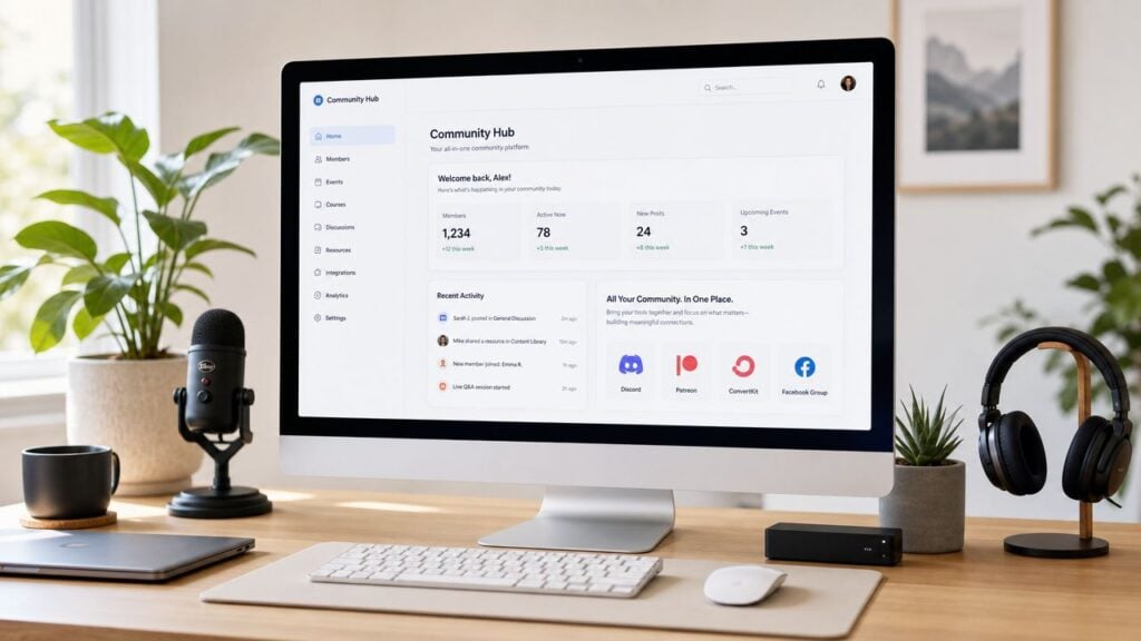 A sleek computer monitor displaying a community platform dashboard for creators on a clean wooden desk setup.