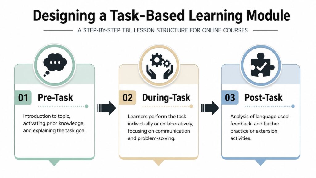 A three-step diagram outlining the process of designing a task-based learning module for online courses.