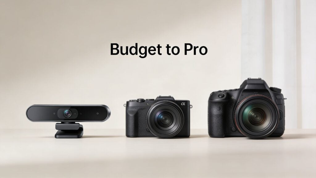 A studio lineup showing a progression from a simple webcam to a professional DSLR camera setup.
