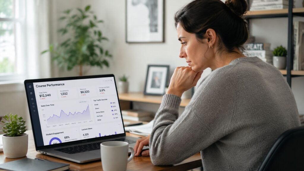 A woman reviewing digital course performance analytics and data on her laptop screen while sitting at her desk.