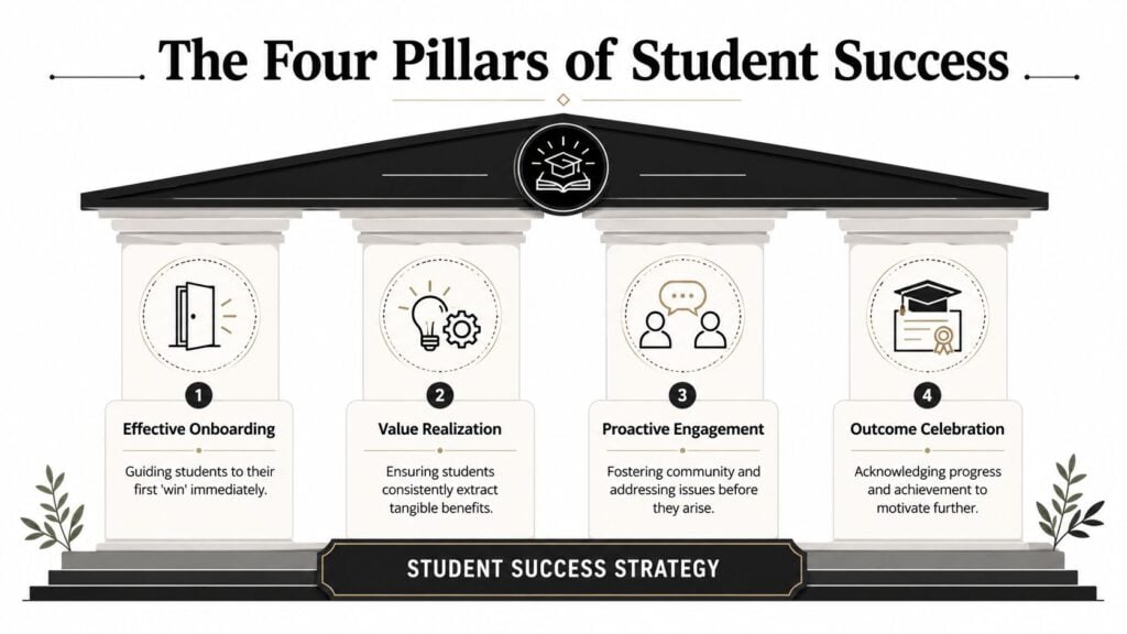 A diagram illustrating the four pillars of student success strategy: onboarding, value realization, engagement, and celebration.