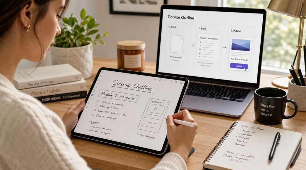 A woman sketching a course outline on a digital tablet while working on a laptop at her desk.