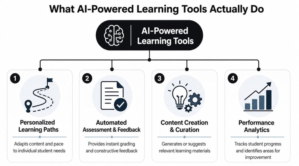 A diagram outlining four key functions of AI-powered learning tools: personalized paths, automated feedback, content curation, and analytics.