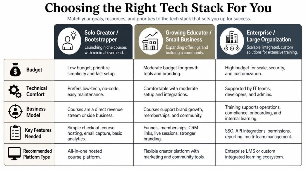 A comparison chart showing how to choose the right tech stack based on your business size.