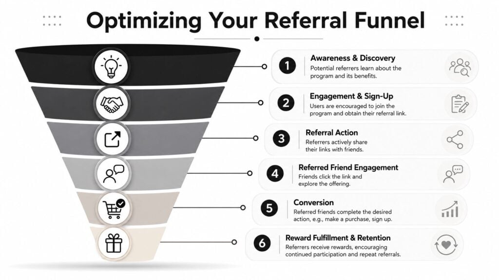 A six-stage funnel infographic titled Optimizing Your Referral Funnel, explaining the user journey for referral programs.