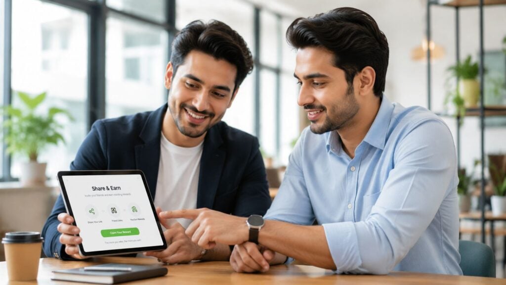 Two professional men smiling while discussing a membership referral program on a digital tablet at work.