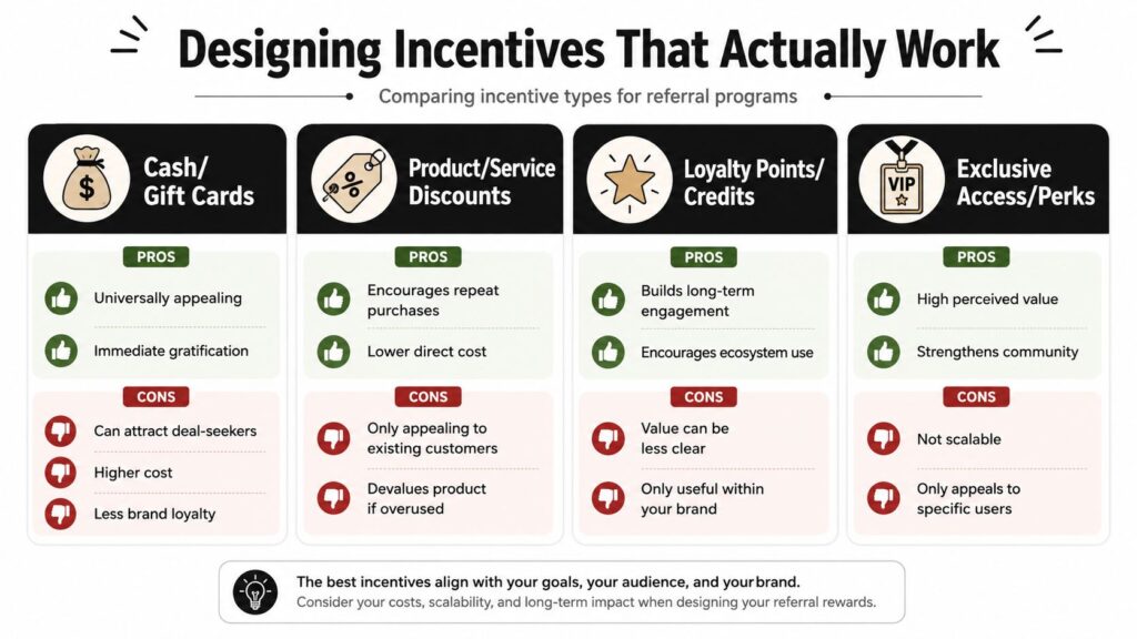 A comparison chart outlining the pros and cons of different incentive types for referral programs.