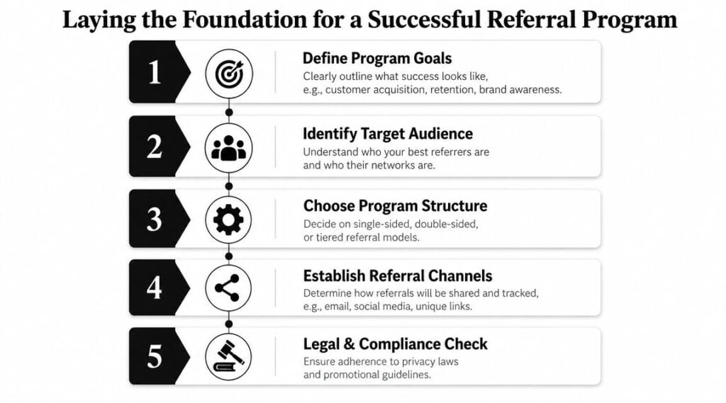 A five-step infographic titled Laying the Foundation for a Successful Referral Program on a white background.