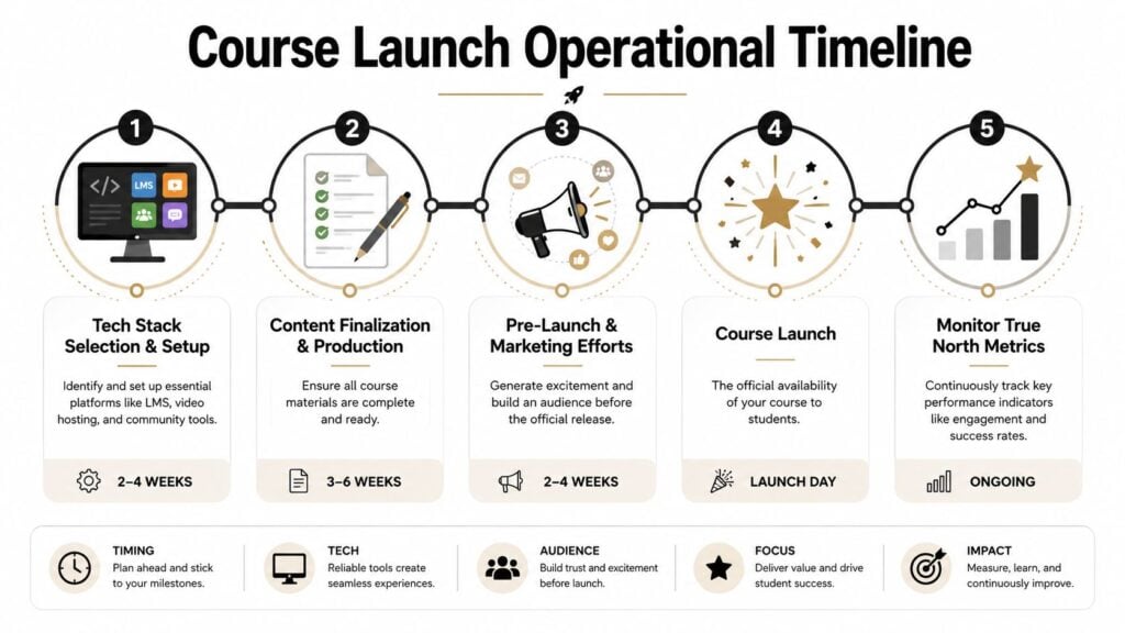 A five-step operational timeline infographic illustrating the process of launching an educational course from setup to monitoring.