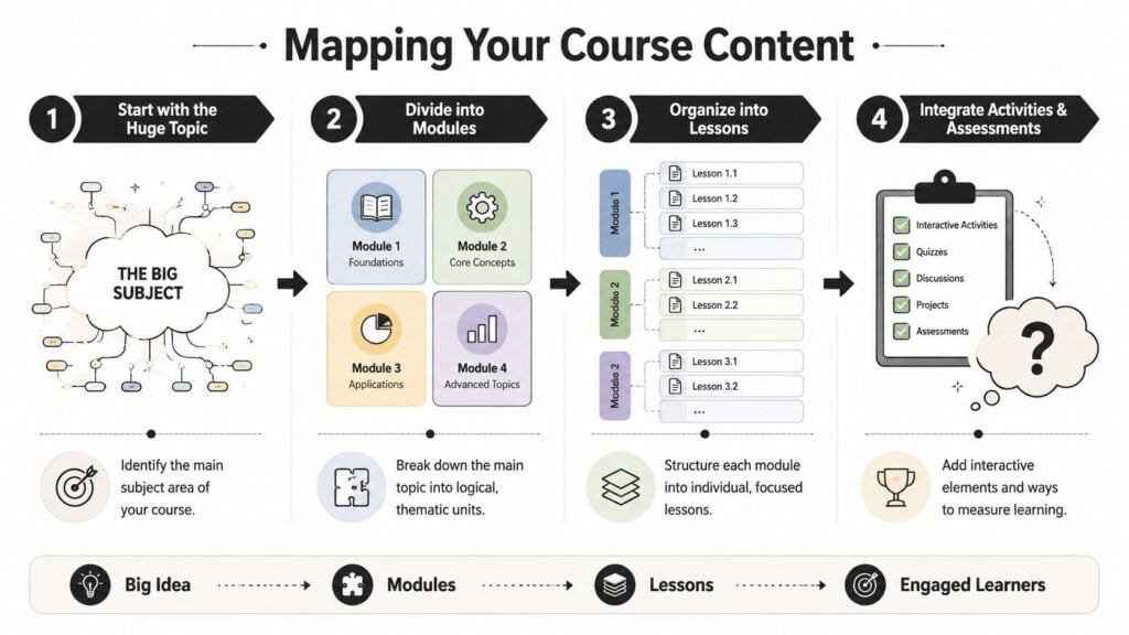 A four-step infographic illustrating a logical process for structuring course content from big ideas to lessons.
