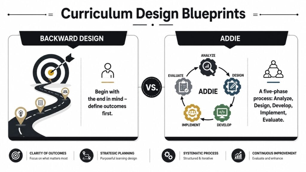 A diagram comparing the Backward Design and ADDIE models for effective course curriculum development processes.
