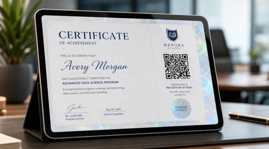 A tablet on a desk displaying an Advanced Data Science Program certificate for Avery Morgan.