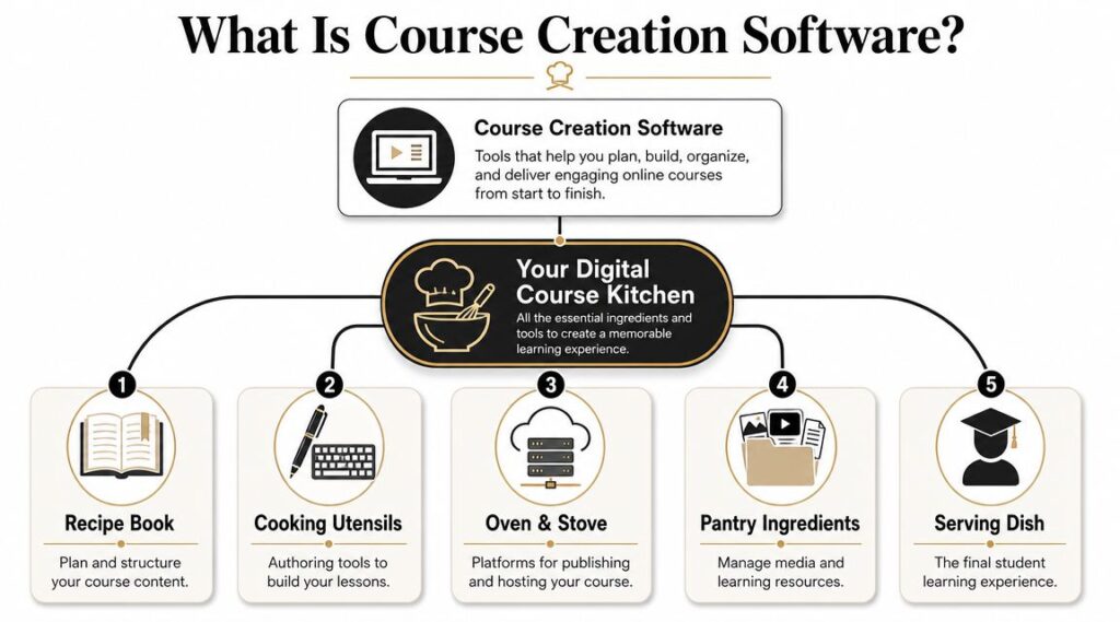 A diagram explaining course creation software as a digital kitchen for planning, building, and hosting online courses.