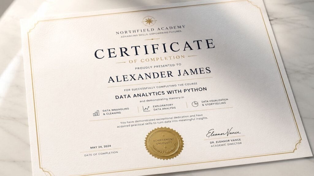 A professional Northfield Academy certificate of completion awarded to Alexander James for Data Analytics with Python.