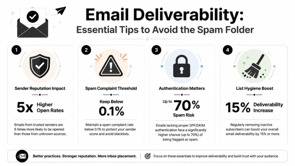 An infographic titled Email Deliverability detailing four essential tips to avoid spam folders for better inbox placement.