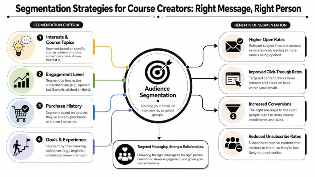 A diagram illustrating four audience segmentation strategies and their benefits for course creator email marketing.