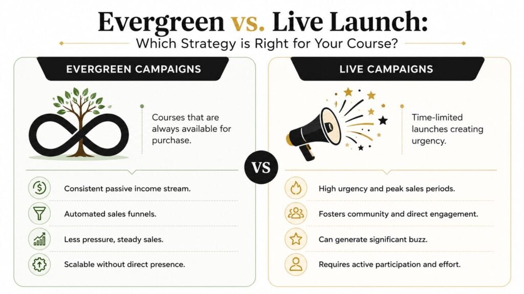A comparison graphic showing the differences between evergreen campaigns and live launch strategies for online courses.
