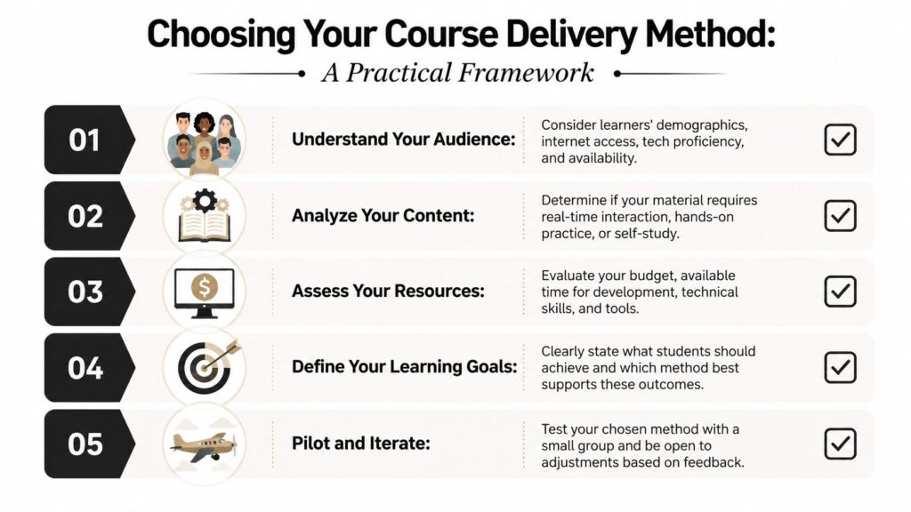 A 5-step infographic explaining a practical framework for choosing an effective course delivery method for learners.