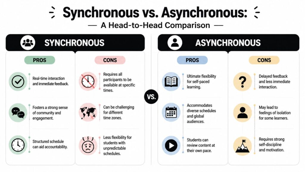 A comparison chart outlining the pros and cons of synchronous versus asynchronous learning and communication methods.