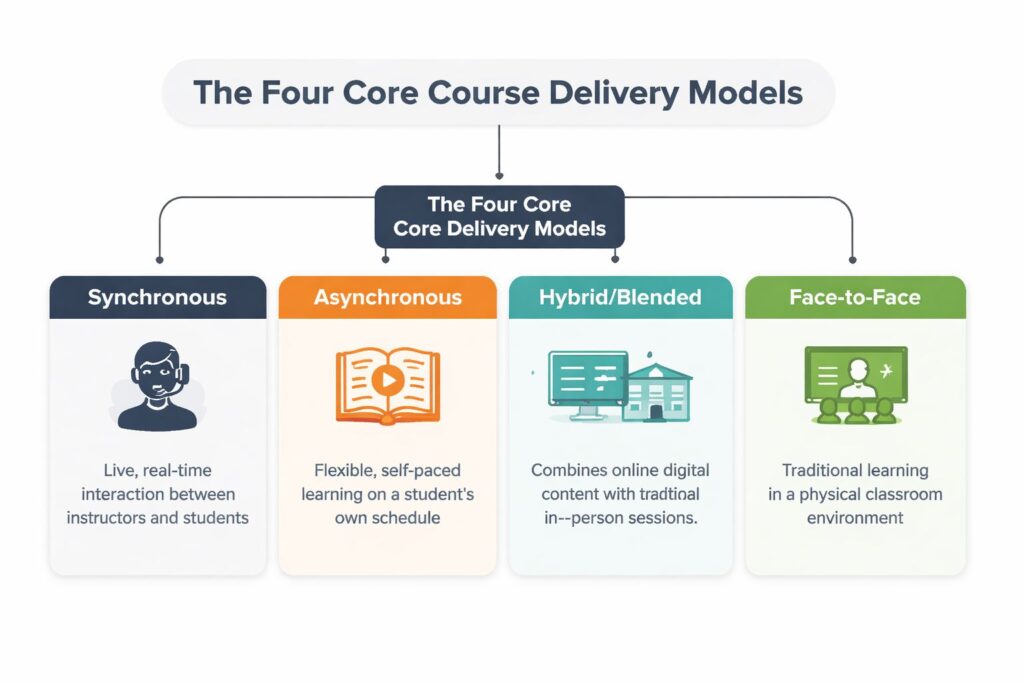 A diagram illustrating the four core course delivery models including synchronous, asynchronous, hybrid, and face-to-face learning formats.
