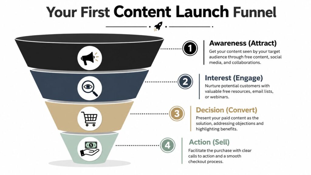 A four-stage marketing funnel diagram showing the process of selling online content to potential customers.